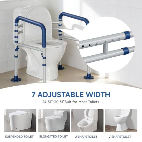 Toilet Safety Rail for Seniors and Handicap, Adjustable Height & Width, Stand Alone Toilet Safety Frame, Supports up to 350Lbs (Blue)