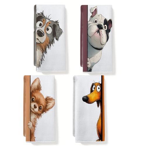 4 Pcs Funny Dog Kitchen Towels, Cute Dogs Gifts Hand Towels 14 x 24 Inches - color: Multi 0152
