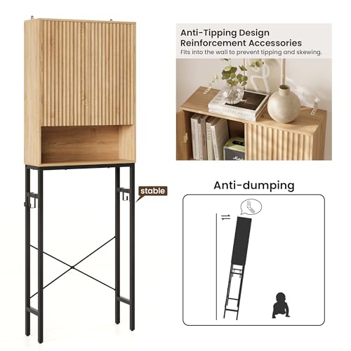 Toilet Storage Cabinet, Over the Rack Wood Cabinet with Metal Stand, Bathroom Organizer with Adjustable Shelf, Tall Freestanding Washer Shelf, Small Cupboard, Space Saver, Natural Style