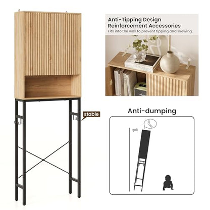 Toilet Storage Cabinet, Over the Rack Wood Cabinet with Metal Stand, Bathroom Organizer with Adjustable Shelf, Tall Freestanding Washer Shelf, Small Cupboard, Space Saver, Natural Style