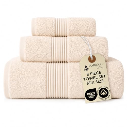 Towel Set for Bathroom, 3 Piece Turkish Cotton Bath Hand and Wash Towels | Mixed size set in Ivory Cream, 600 gram weight. Double stitched hems suit family and guest use. - color: Ivory Cream