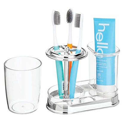 mDesign Plastic Toothpaste and Toothbrush Holder Center with Cup/Cover - Organizer for Bathroom Vanity Countertop - Holds Paste, Floss, Accessories - Hyde Collection - Clear - color: Clear