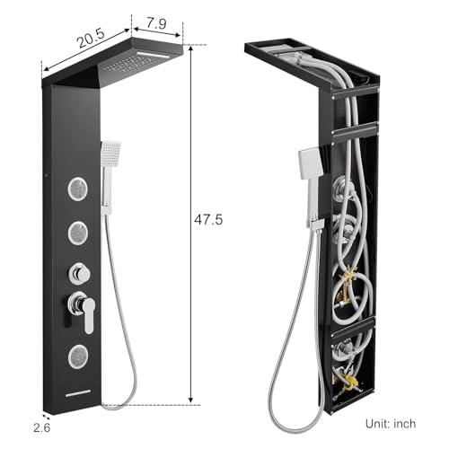 Multi-Function LED Lights Shower Panel System Black, 5 in 1 Shower Panel Include Rainfall & Waterfall Shower Head, 3 Pcs Adjustable Massage Jets, Handheld Shower, Tub Spout - color: Black - 2-in-1 Body Jets