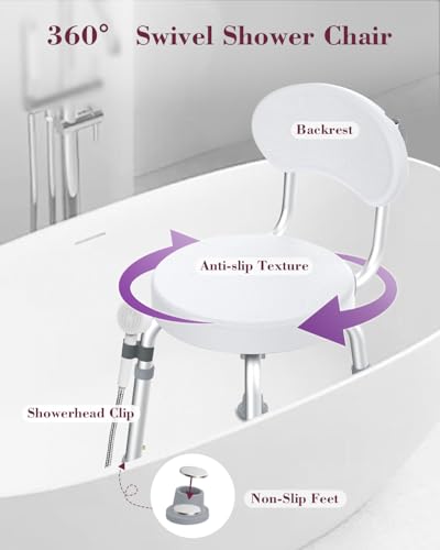 Swivel Shower Chair, 360° Non-Slip Shower Seat with Backrest for Elderly and Disabled, Height Adjustable Rotating Tub Bench for Seniors Bathroom Inside Shower with Compact Frame (White) - color: White