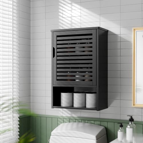 HITNET Bathroom Storage Cabinet Wall Mounted, Hanging Medicine Cabinet with Adjustable Shelf, Over the Toilet Space Saver Organizer, Black Bamboo Kitchen Cupboard, Single Door - color: Black