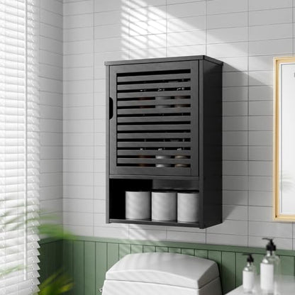 HITNET Bathroom Storage Cabinet Wall Mounted, Hanging Medicine Cabinet with Adjustable Shelf, Over the Toilet Space Saver Organizer, Black Bamboo Kitchen Cupboard, Single Door - color: Black