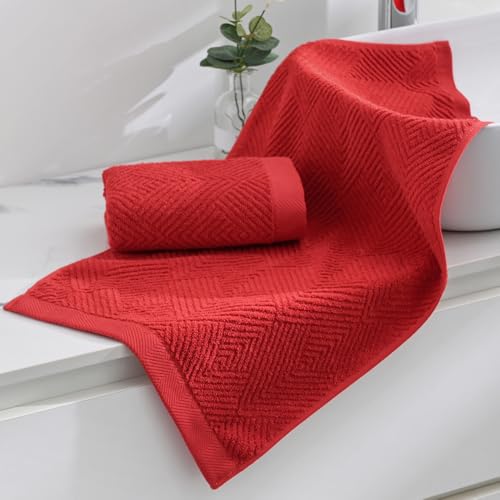 sense gnosis Red Hand Towel Set of 2 Striped Weave 13 X 29 Inch | Premium 100% Cotton Herringbone Pattern Ultra Soft Highly Absorbent Hand Towel for Bathroom - color: Red