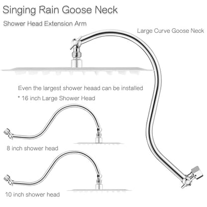 15 inch Goose Neck Curved Extra Long Adjustable Shower Head Extension Arm With Locking Set Screw, Singing Rain Brass Angle Height Adjustable, G1/2 Universal Connector Compatible (Chrome Finish)