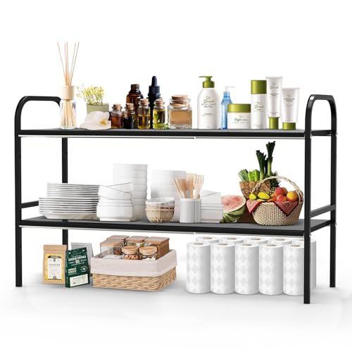 Expandable 2-Tier Under Sink Organizer, 8 Removable Plastic Boards, Tool-Free Installation (Black, 2-Tier 8 Boards)