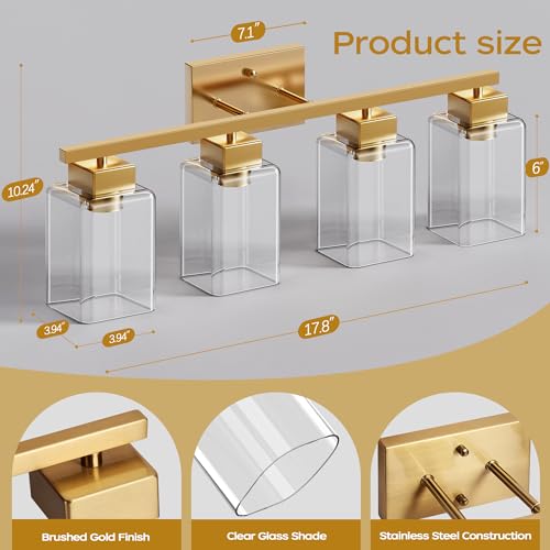 4-Light Bathroom Light Fixtures, Brushed Gold Modern Vanity Lights, Bathroom Lighting Fixtures Over Mirror, Square Design Farmhouse Wall Sconces with Clear Glass Shades - color: Brushed Gold, size: 4-Light