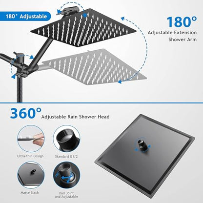 Rainfall Shower Head with Handheld Combo, Black, 10 Inch & 3 Spray Modes | 180° Adjustable with Extension Arm, Easy To Install - color: Matte Black