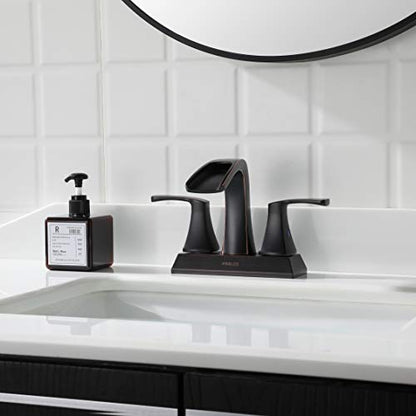 Waterfall Bathroom Sink Faucet 2 Handle Centerset, Oil Rubbed Bronze | 4 Inch Lead-Free Deck Mount Vanity Faucet with Pop Up Drain Supply Lines, for 3 Hole Lavatory Utility Sink - color: Oil Rubbed Bronze