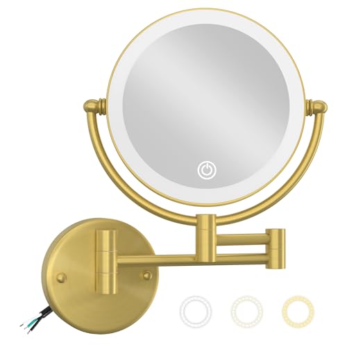 10X Magnifying Makeup Mirror Wall Mounted with Lights, Hardwired | 8-Inch, 3 Color LED Lighting Touch Dimming, Memory Function, Swivel Extended Arm Bathroom Vanity Shaving, Brass Brushed Gold - color: Brushed Gold