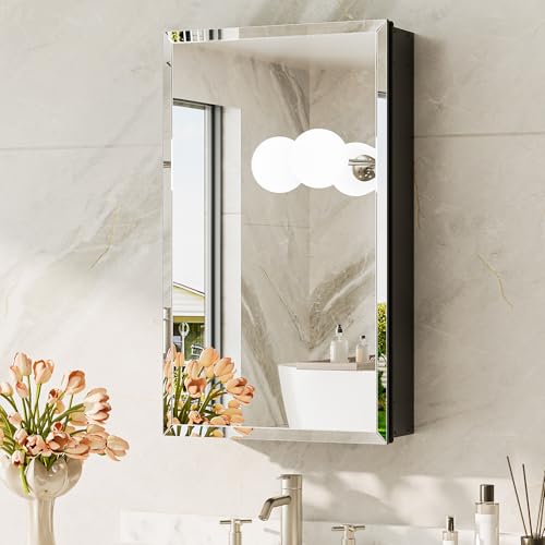 TokeShimi 15 x 26 Recessed Medicine Cabinet with Tempered Beveled Mirror, Assembly Required, Black Medicine Cabinet for Bathroom, Stepless Adjustable Shelves, DTC Hinge - color: Black, size: 15x26 in