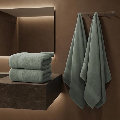 REDKISS Bath Towels 4-Pack, 100% Cotton, Thick Plush & Highly Absorbent, 27.5" x 55" for Shower, Spa & Home - color: Gray Green