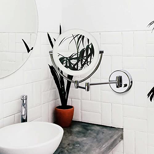 Ovente 7.5" Lighted Wall Mount Makeup Mirror, 1X & 10X Magnifier, Spinning Double Sided Round LED w/ Dimmer Switch, Extend, Retractable & Folding Arm, Battery USB Powered Polished Chrome MLW75CH1X10X - color: Polished Chrome, size: 10.3"L x 12.4"W, style: