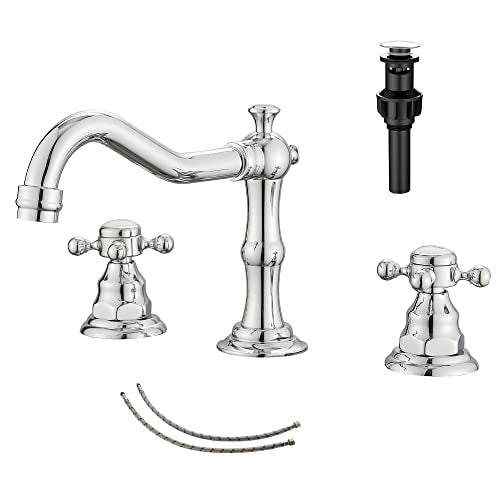 2 Handles 3 Holes Faucet Widespread Bathroom Sink Faucet Chrome Basin Mixer Tap Matching Pop Up Drain with Overflow - color: Chrome, style: Ceramic Cover