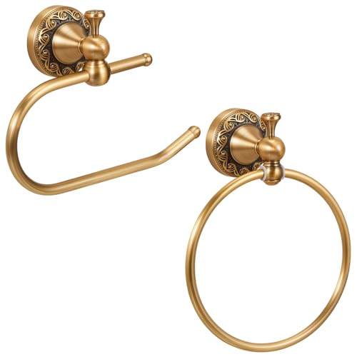 2 Pcs Antique Brass Toilet Paper Holder Towel Ring Set, Vintage Bathroom Hardware, Wall Mounted Toilet Tissue Holder Hand Towel Ring, Rustproof Brass Bathroom Accessories(Style 2) - style: Style 2