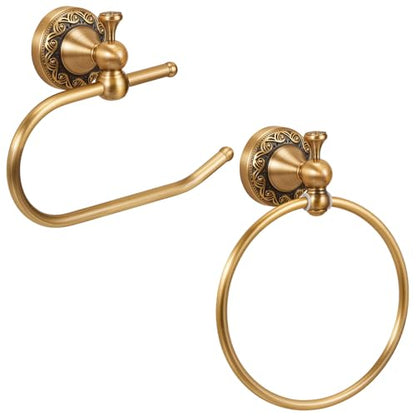 2 Pcs Antique Brass Toilet Paper Holder Towel Ring Set, Vintage Bathroom Hardware, Wall Mounted Toilet Tissue Holder Hand Towel Ring, Rustproof Brass Bathroom Accessories(Style 2) - style: Style 2