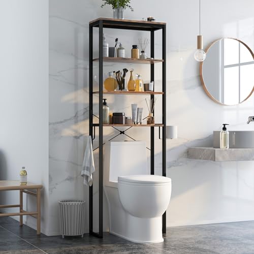 Giantex Over The Toilet Storage Shelf, 4-Tier Freestanding Space Saver Above Toilet Shelves w/Paper Holder, Side Hook & Adjustable Foot Pads, Over Toilet Bathroom Organizer for Restroom, Laundry