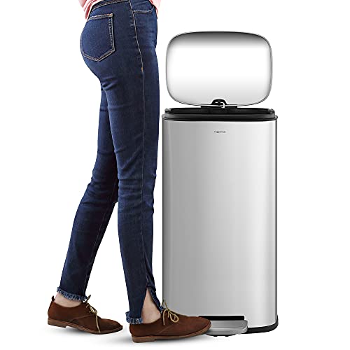 happimess Curtis 8 Gal Step Trash Can Soft Close 25", Platinum Silver | Stainless Steel, Fingerprint Resistant Satin Finish, Removable Liner, Steel Pedal, 20 Trash Bags Included, Kitchen Bin - color: Chrome
