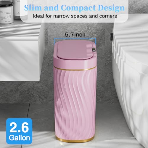 Ogikey Bathroom Small Trash Can with Automatic Touchless Lid, 2.6 Gallon Smart Garbage Can Narrow Waterproof Trash Bin for Bedroom, Office, Living Room - color: 2.6 gallon-Gold Pink