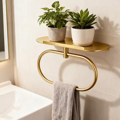 Towel Ring with Shelf, Heavy Duty Stainless Steel Bathroom Hardware, Adhesive No-Drill or Drill Mount Wall Mounted Towel Holder for Bathroom and Kitchen (Gold) - color: Gold