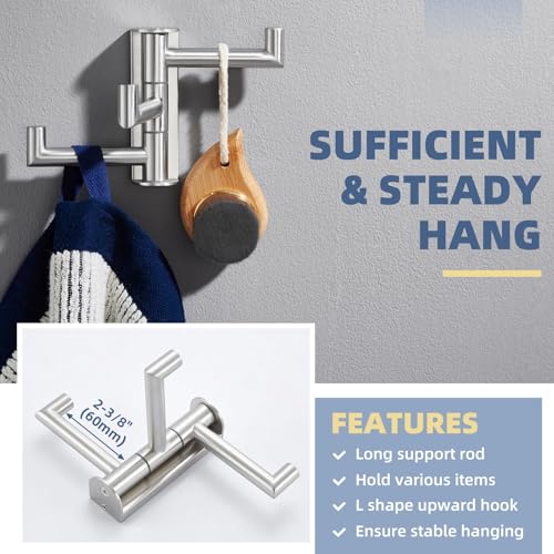 3-Arm Swivel Towel Hook, Brushed Nickel, 304 Stainless Steel | Individually Adjustable 180° Arms, Fold-Flat Wall Storage, Raised End Stops, Robes, Bags & Towels, Bathroom & Closet Use - color: Brushed Nickel, size: 1 Pack