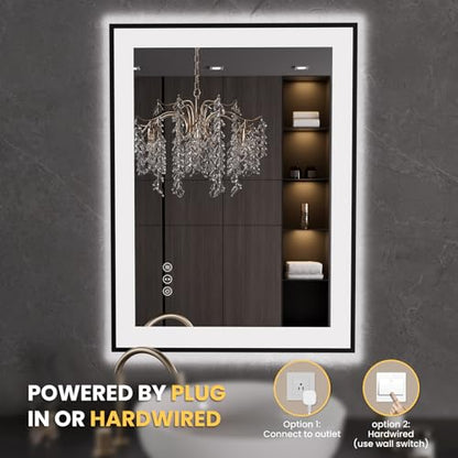 LOAAO 24"X32" LED Bathroom Mirror Black Framed | Anti-Fog, Dimmable, Memory Function, Tempered Glass, Lighted Vanity Mirror for Wall - size: 24"L x 32"W