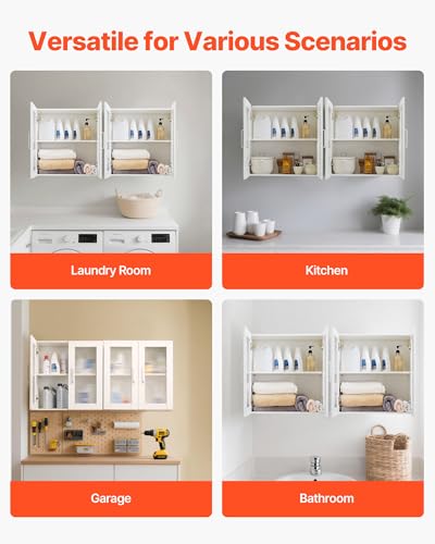 VEVOR Laundry Room Wall Cabinet, 2-Tier Wall Mounted Cabinet with Adjustable Shelf, Cupboard Storage with 4 Doors, for Kitchen, Bathroom, Laundry, Set of 2, Each 12 x 24 x 24 in (D x W x H), White - size: 48 Inch, style: 4 Doors