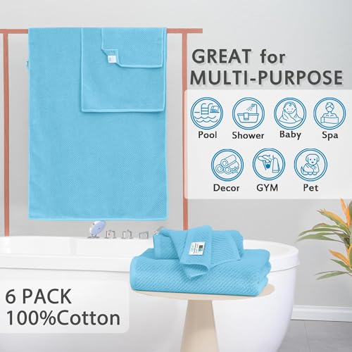 VOOVA & MOVAS 6PC Towel Set, 100% Cotton, Blue | 2 Large Bath 30x56 In, 2 Hand 18x28 In, 2 Wash Cloths 13x13 In, Quick Dry, Thick, Soft, Luxury Towel Gift Set - color: Ocean City Blue, size: 6 PC Bathroom Towel Set