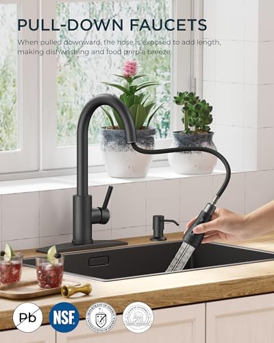 FORIOUS Black Kitchen Faucet, with Soap Dispenser and Pull Down Sprayer | High Arc Single Handle, Lead-Free Stainless Steel, 3 mode Sprayer, Classic Bar Sink Faucet for Outdoor Rv Laundry Camper - color: Matte Black, style: Classic