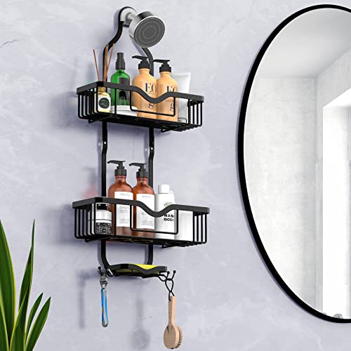 Shower Caddy Hanging, Bathroom Organizer Rack, Shower Rack with Soap Dish, Over The Showerhead Caddy with Hooks for Razor/Sponge, Matte Black (Assembly Required) - color: Matte Black