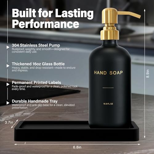 Prus Waso Black Soap Dispenser for Kitchen Sink, Gold & Black | Hand and Dish Soap Dispenser with Stainless Steel Pump, Perfect for Gold Kitchen Accessories - color: Hd Gold Pump & Black Bottle