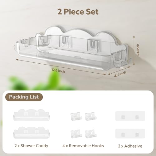 2 Pack Acrylic Shower Caddy Adhesive, No Drilling Bathroom Shower Organizers, with 4 Removable Hooks, Wall Mounted Shower Shelves, Acrylic Shower Holder Storage for Bathroom, Dorm, Kitchen