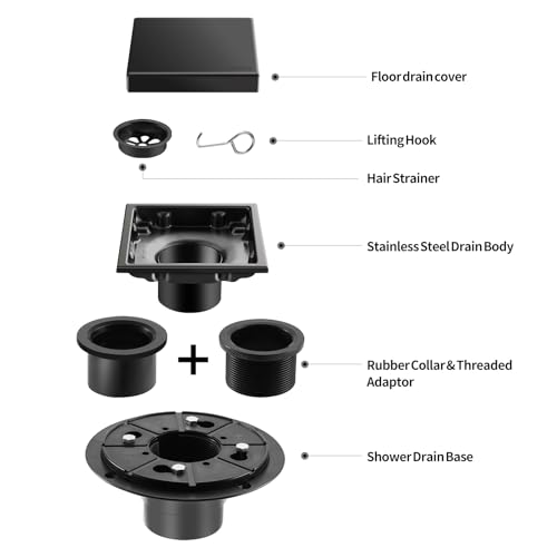 Hidden Brushed Square Shower Floor Drain, Black 4 inch, 304 Stainless Steel, with Flange, Detachable Cover Embedded in Ceramic Tiles - color: Hidden Black, size: 4 inch