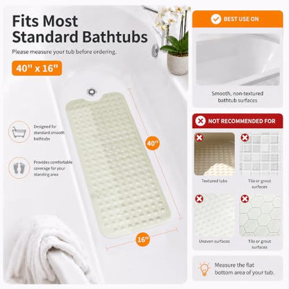 Yimobra Non Slip Bathtub Mat 40 x 16 Inch, Extra Long Shower Mat with Drain Holes, Machine Washable Baby Bath Mats, Strong Suction Cups for Bathroom Floor, Beige - color: Beige