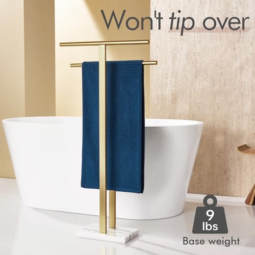 KOKOSIRI Standing Towel Rack for Bathroom Floor 2-Tier Towel Holder Free Stand with Heavy Marble Base Thicken Steady Design Gold Stainless Steel THS0005-BG - color: Brushed Gold