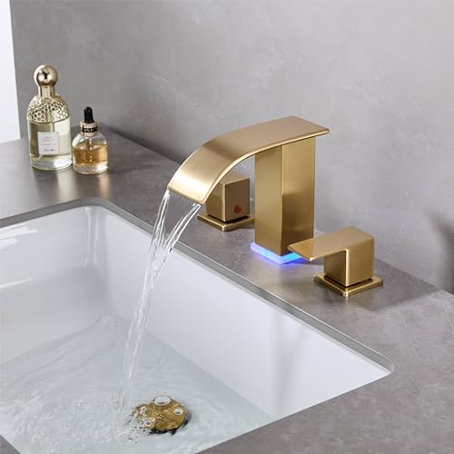 Brushed Gold Bathroom Faucet 3 Hole Widespread Waterfall Vanity Faucet for Bathroom Sink, Modern Touch on Two Handle Gold Faucet (Brushed Gold) - color: Brushed Gold
