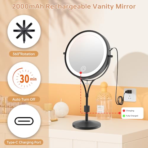7" Lighted Makeup Mirror with Lights and 1X/10X Magnification,Black | Double Sided Standing Magnifying Vanity Mirror with Light, Blessed Cross, Height Adjustable, Rechargeable, Dimmable, Light Up