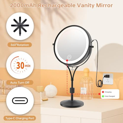 7" Lighted Makeup Mirror with Lights and 1X/10X Magnification,Black | Double Sided Standing Magnifying Vanity Mirror with Light, Blessed Cross, Height Adjustable, Rechargeable, Dimmable, Light Up