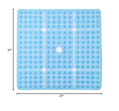 ENKOSI Square Shower Mat 27x27 inch - Anti Slip Bathroom Shower Stall Mats for Shower Floors - Non Slip Square Bath Mat with Strong Secure Suction Cups and Drain Holes in Middle (Clear Blue 27x27) - color: Clear Blue