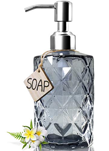 JASAI 12Oz Diamond Grey Glass Soap Dispenser with 304 Rust Proof Soap Pump | Dish Soap Dispenser with 304 Rust Proof for Kitchen, Bathroom Soap dispenser for Hand Soap, Liquid Soap - color: Gray