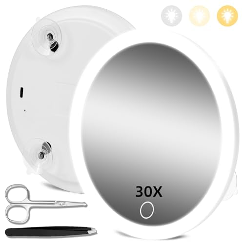 30X Magnifying Mirror with Lights, 30x Magnified Mirror with 3 Color Lights Adjustable Brightness, Rechargeable 6inch Travel Magnification with 3 Suction Cups - Includes Tweezers & Scissors - color: White-30x