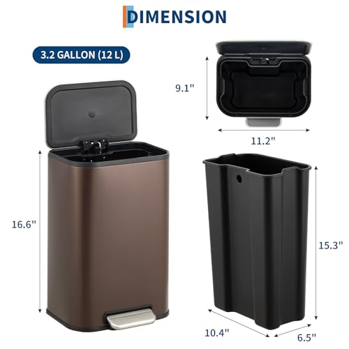 GarveeHome 3.2 Gal Stainless Steel Bathroom Trash Can with Lid, Brown | Rectangular Small Step Waste Bin, Hands-Free Foot Pedal, Removable Inner Bucket, Quiet Close, for Bedroom Restroom - color: Brown, size: 12 L