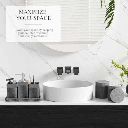 6-Piece Bathroom Set Grey - Stone Textured Resin Bathroom Organizer with Soap Dispenser, Toothbrush Holder, Vanity Tray, Tumbler & Cotton Swab Jars for Small Spaces - color: Grey