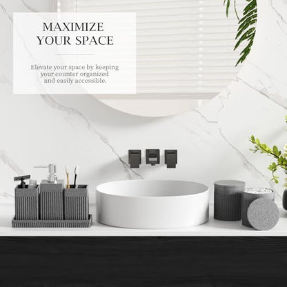 6-Piece Bathroom Set Grey - Stone Textured Resin Bathroom Organizer with Soap Dispenser, Toothbrush Holder, Vanity Tray, Tumbler & Cotton Swab Jars for Small Spaces - color: Grey