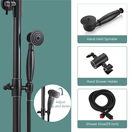 Heyalan Dual Shower System, 8 Inch Rain Head, Handheld,Oil Rubbed Bronze | Dual shower system with 8 inch rain head, handheld sprayer, exposed pipe design, two-handle control, and brass body. - color: Oil Rubbed Bronze
