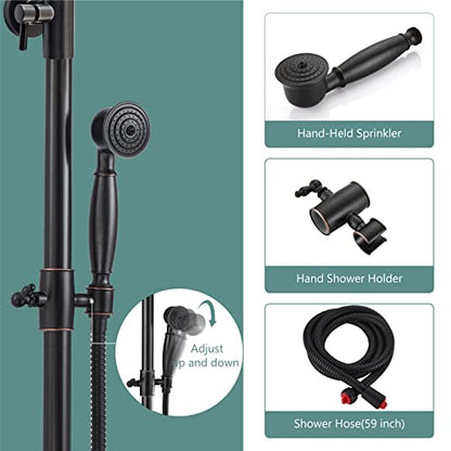 Heyalan Dual Shower System, 8 Inch Rain Head, Handheld,Oil Rubbed Bronze | Dual shower system with 8 inch rain head, handheld sprayer, exposed pipe design, two-handle control, and brass body. - color: Oil Rubbed Bronze