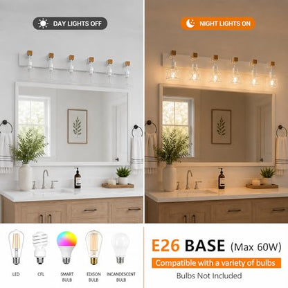 Farmhouse Vanity Light Fixture,6-Light Bathroom Lighting,White Modern Wood Wall Light Over Mirror with Metal Shade,LED Bulbs Not Included - color: White, size: 6-Light-Wide 44"